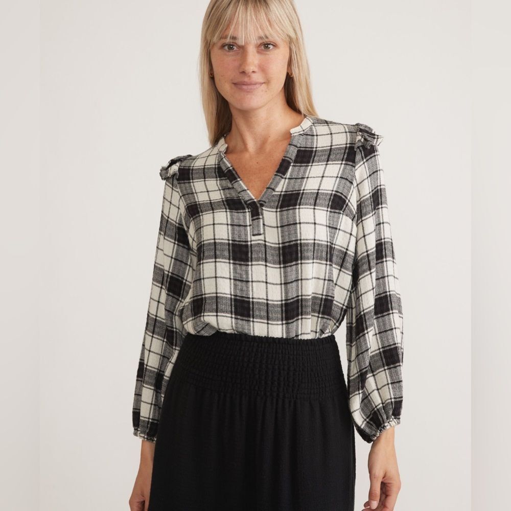 NWT Marine Layer Women’s Sz Medium Black White Plaid Jamie Ruffle Sleeve Top